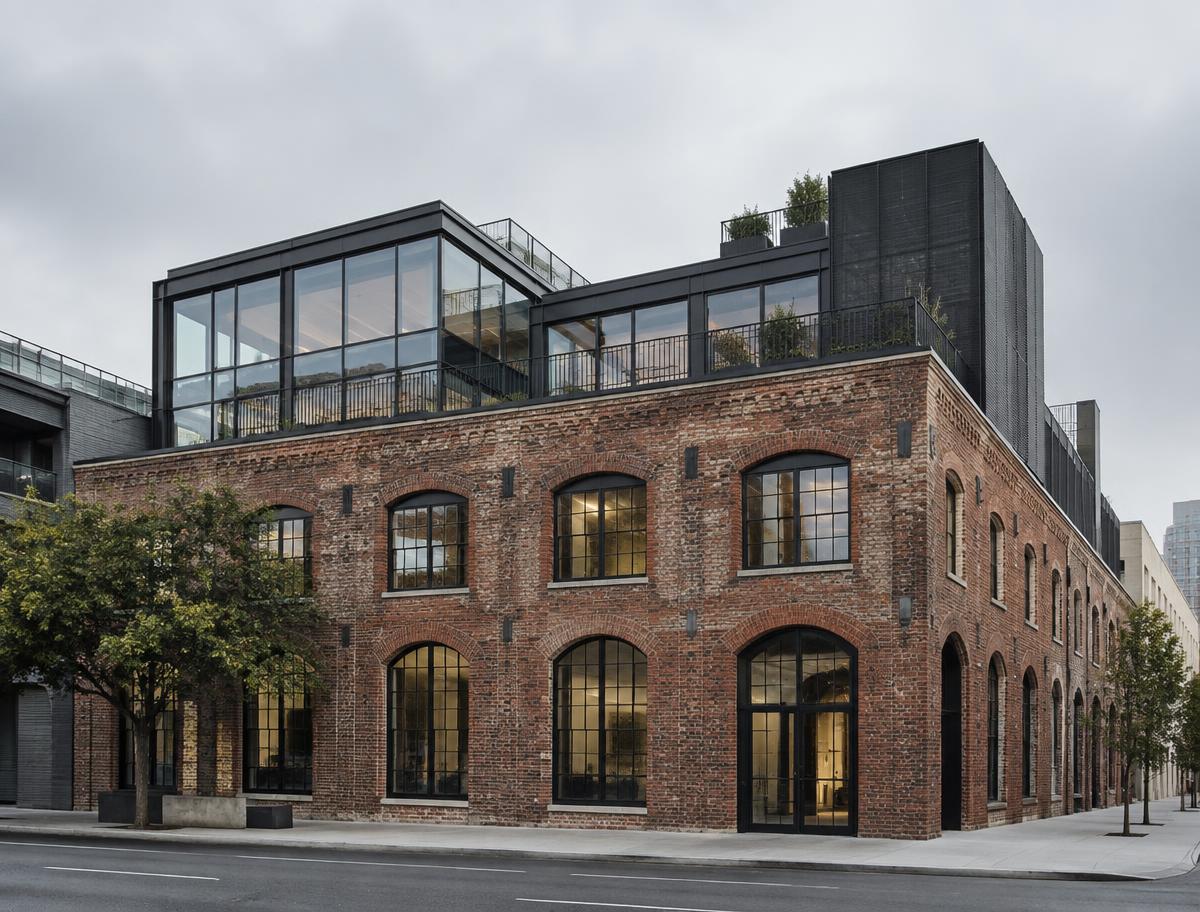 Historic brick building with a contemporary steel and glass addition
