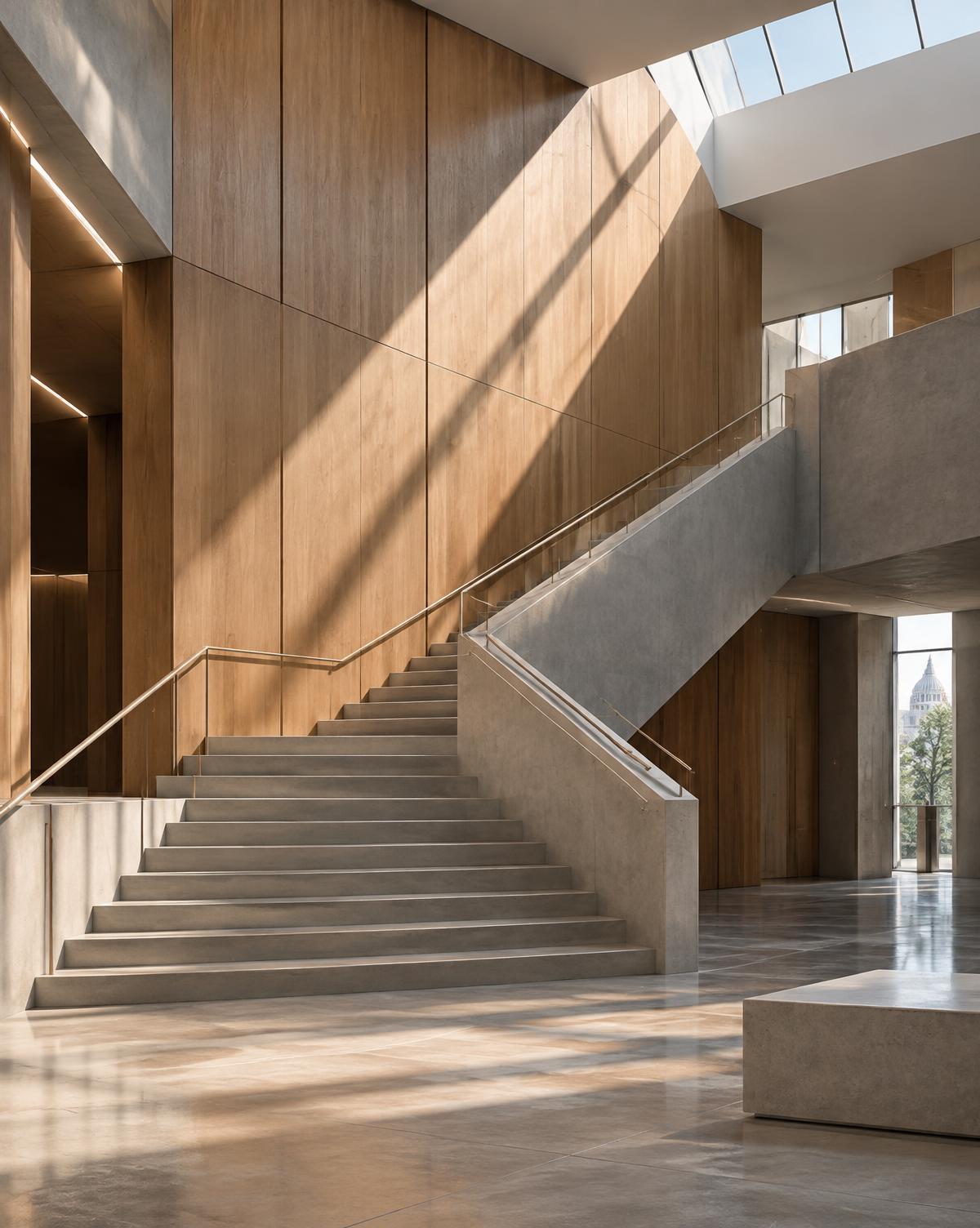 Light-filled civic interior with oak walls and a concrete stair